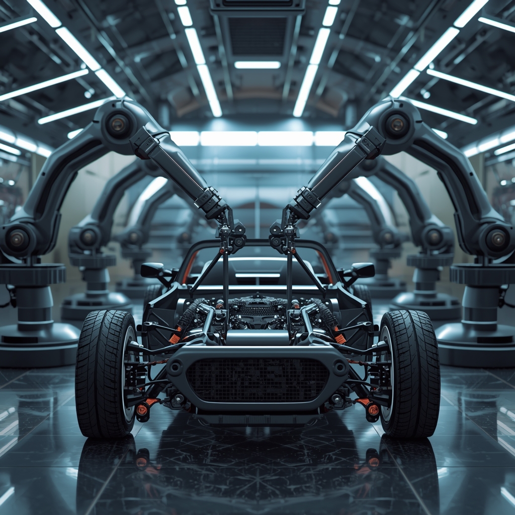 futuristic car workshop background with robotic arms assembling a car chassis, cybernetic style